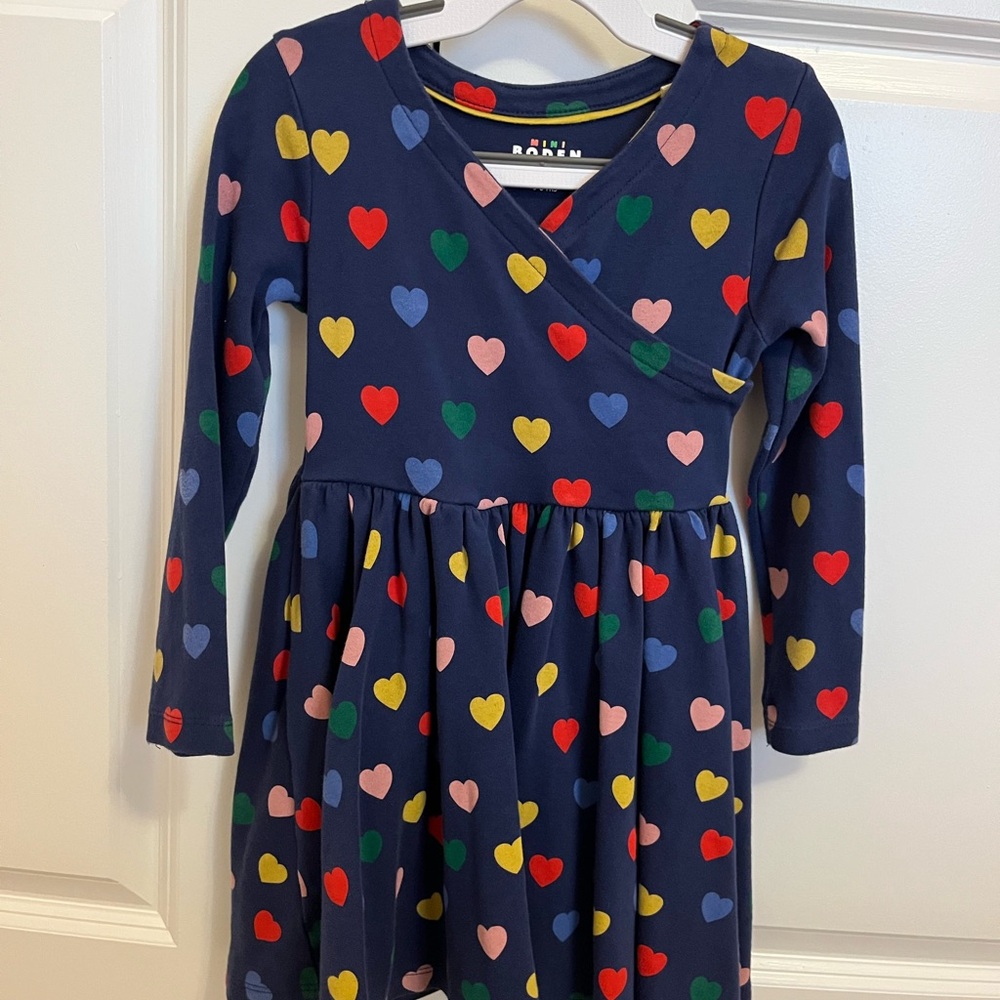 Mini Boden Navy Dress with Colorful Hearts